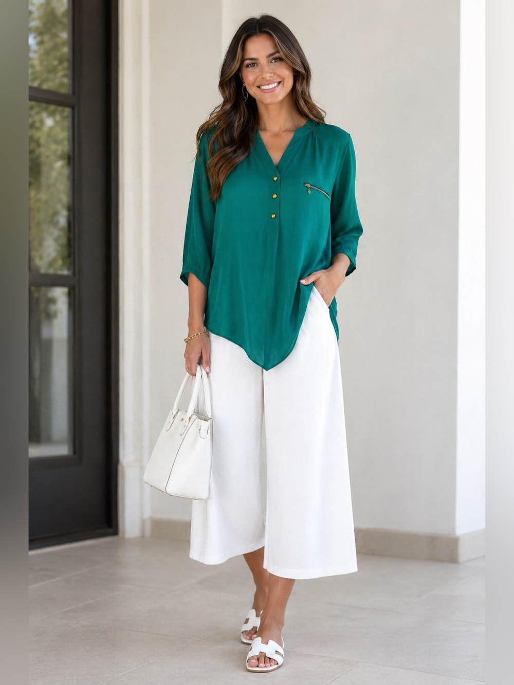 AKIRA Emerald Green Sheer High-Low Blouse Gold Button Flowy Size Small